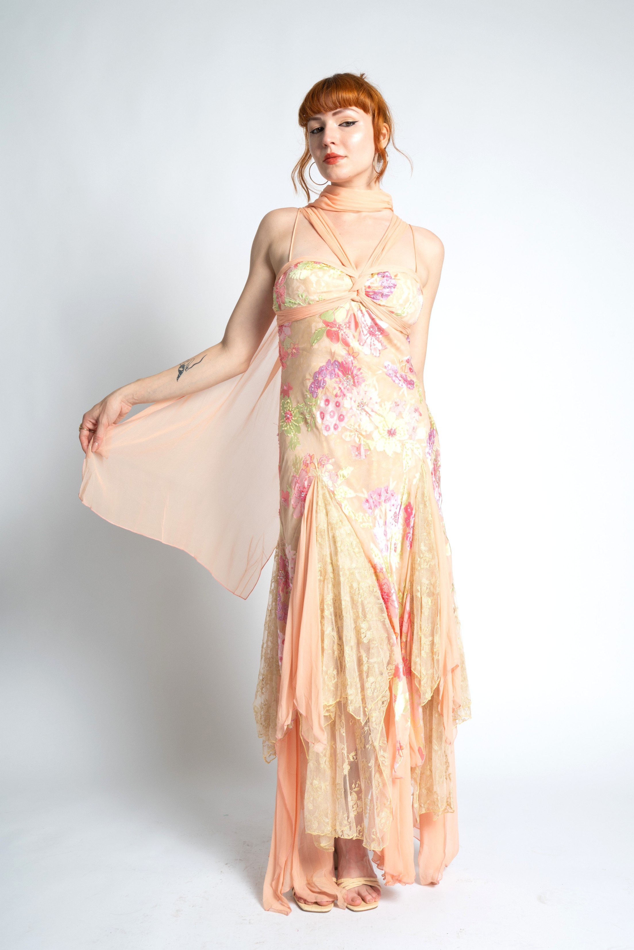 Diane Freis Y2K Peach Silk & Lace Fairy Dress–S/M — La Poubelle Vintage